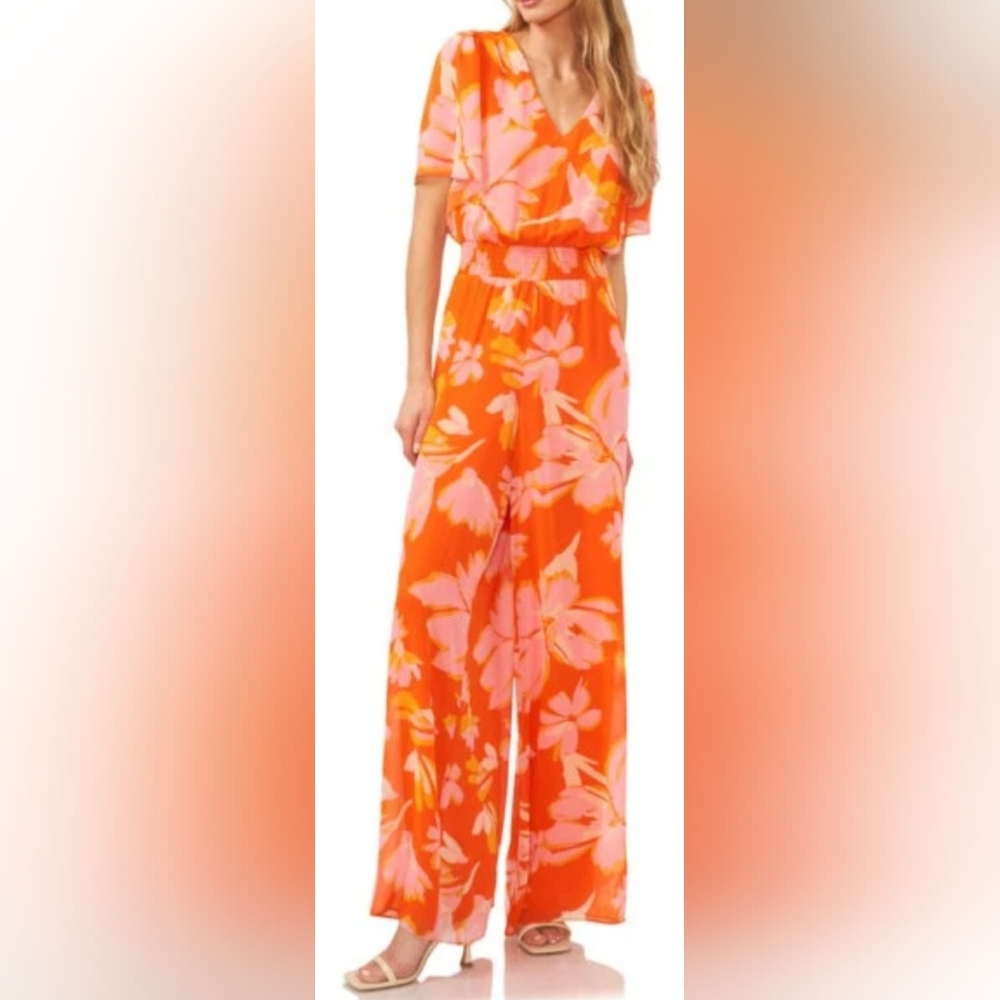 Vince Camuto Orange and Pink Floral V-Neck Jumpsuit